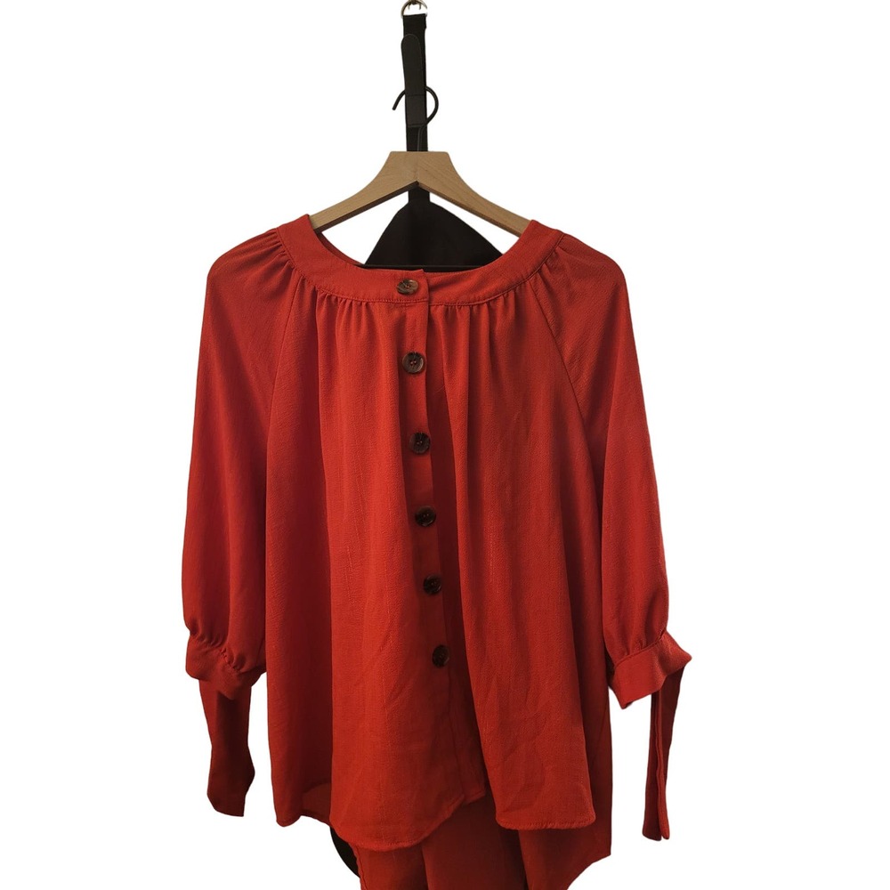 Notations Red 2x Button Down Blouse w/ Bowtie Sleeves